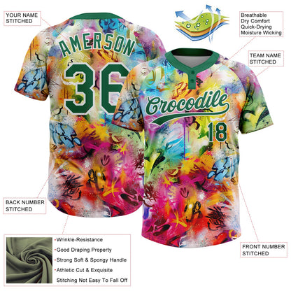 Custom Graffiti Pattern Kelly Green-White Vibrant Multi-Color Street Style Two-Button Unisex Softball Jersey