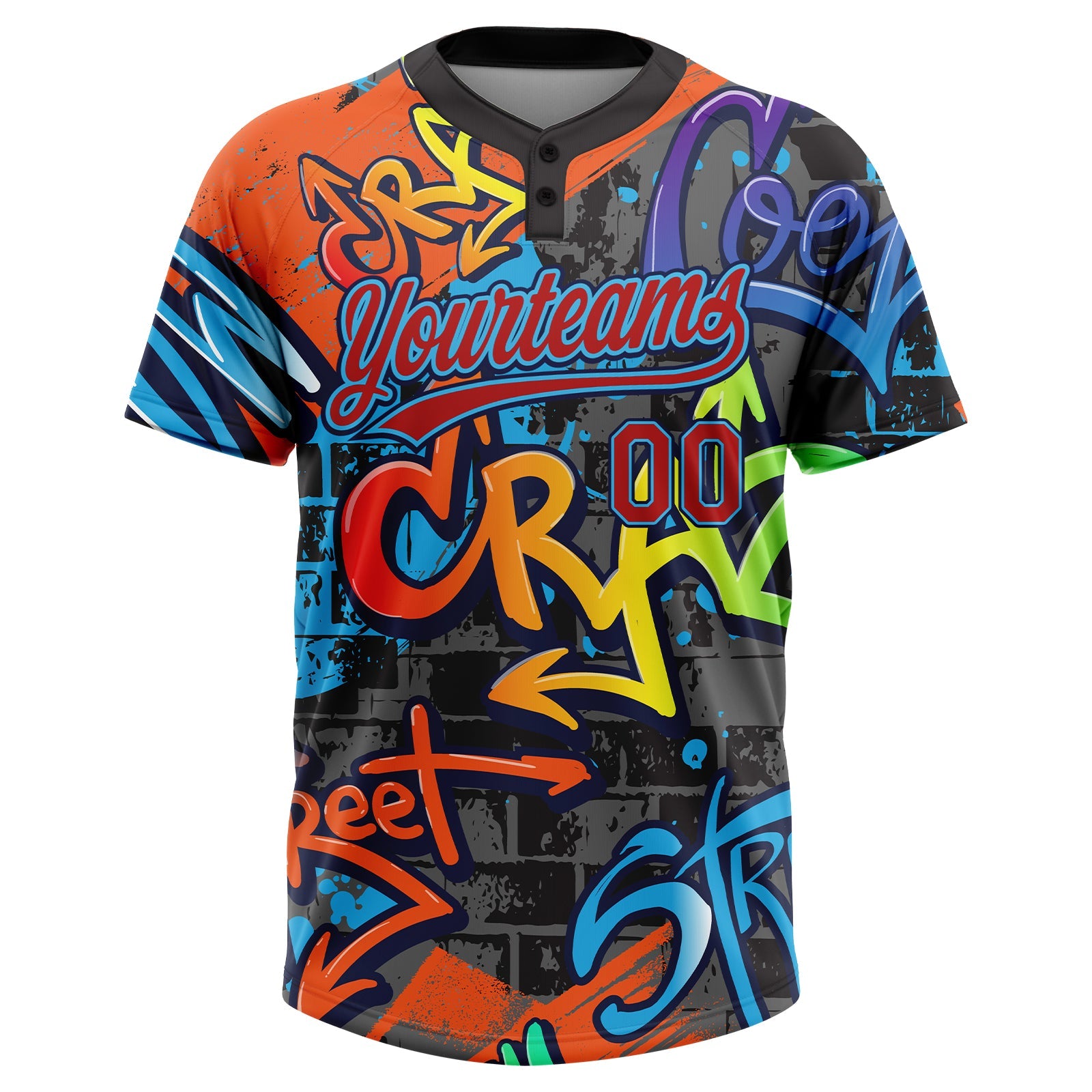 Custom Graffiti Pattern Red Sky Blue-Navy Vibrant Multi-Color Street Style Two-Button Unisex Softball Jersey