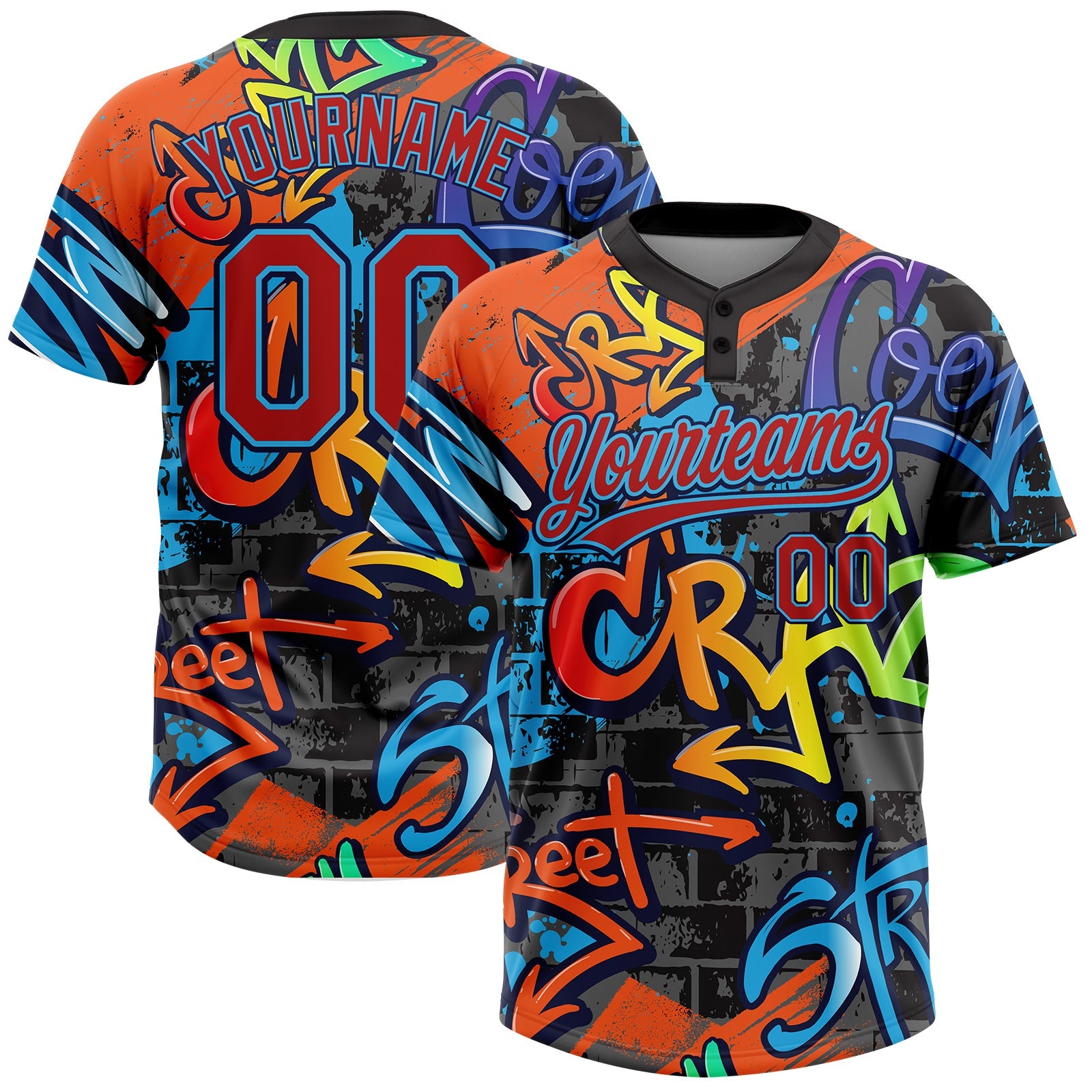 Custom Graffiti Pattern Red Sky Blue-Navy Vibrant Multi-Color Street Style Two-Button Unisex Softball Jersey