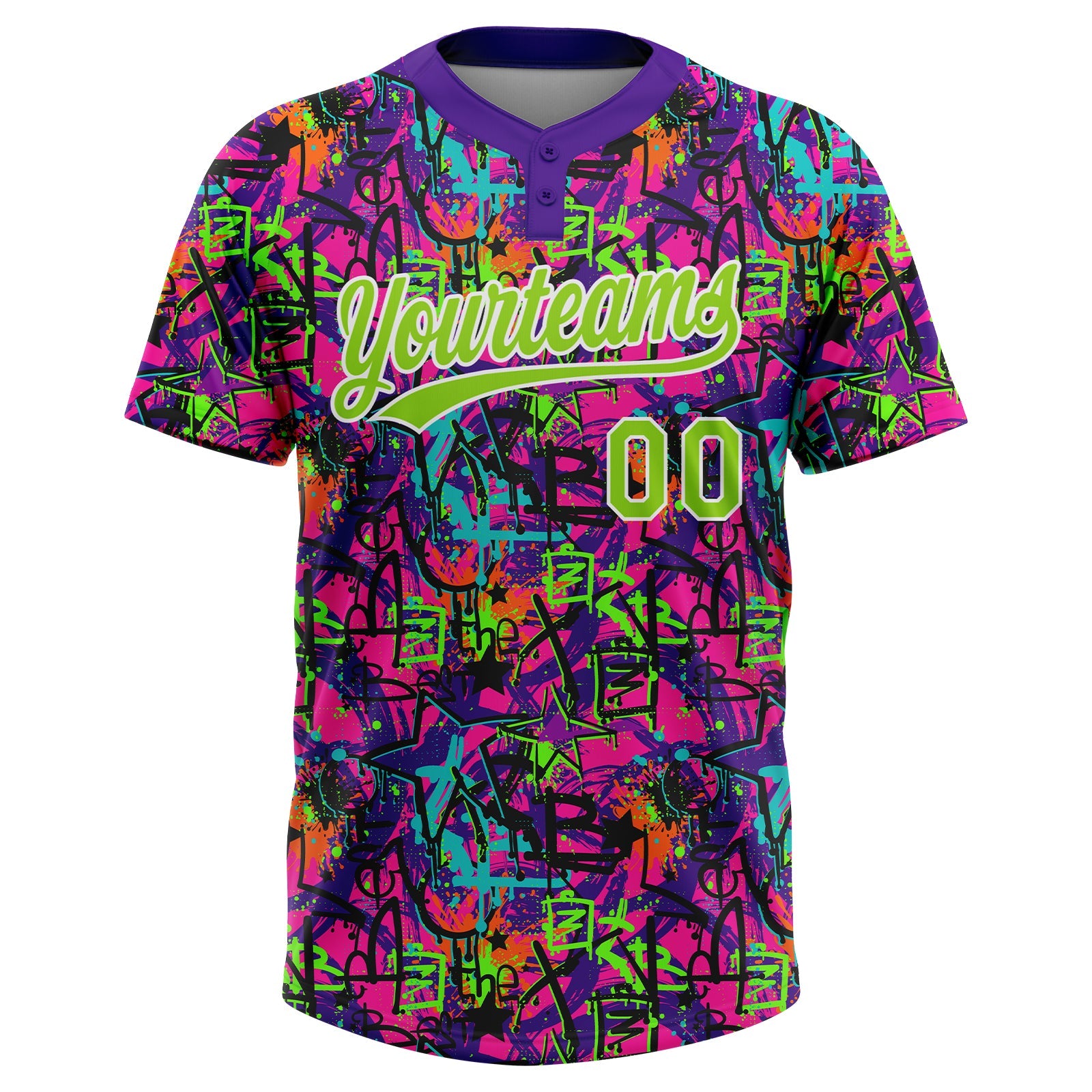 Custom Graffiti Pattern Neon Green-White Vibrant Multi-Color Street Style Two-Button Unisex Softball Jersey