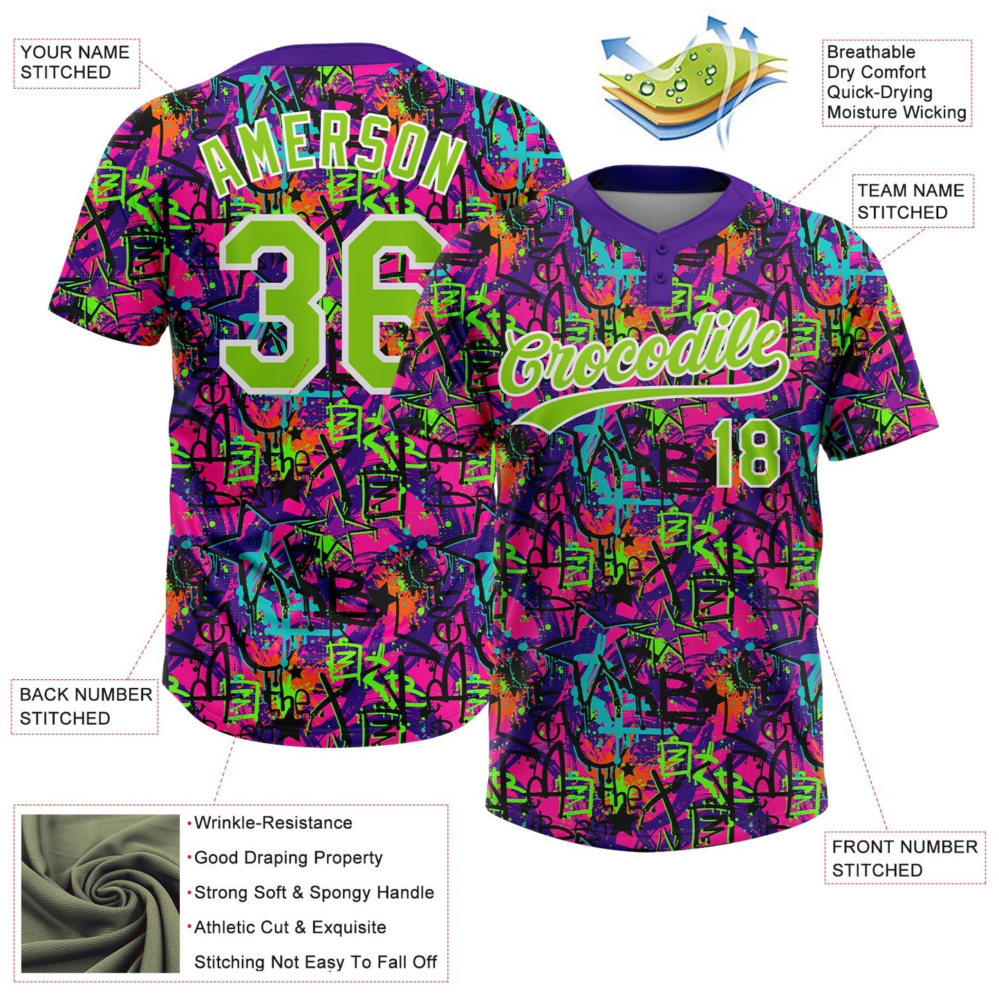 Custom Graffiti Pattern Neon Green-White Vibrant Multi-Color Street Style Two-Button Unisex Softball Jersey