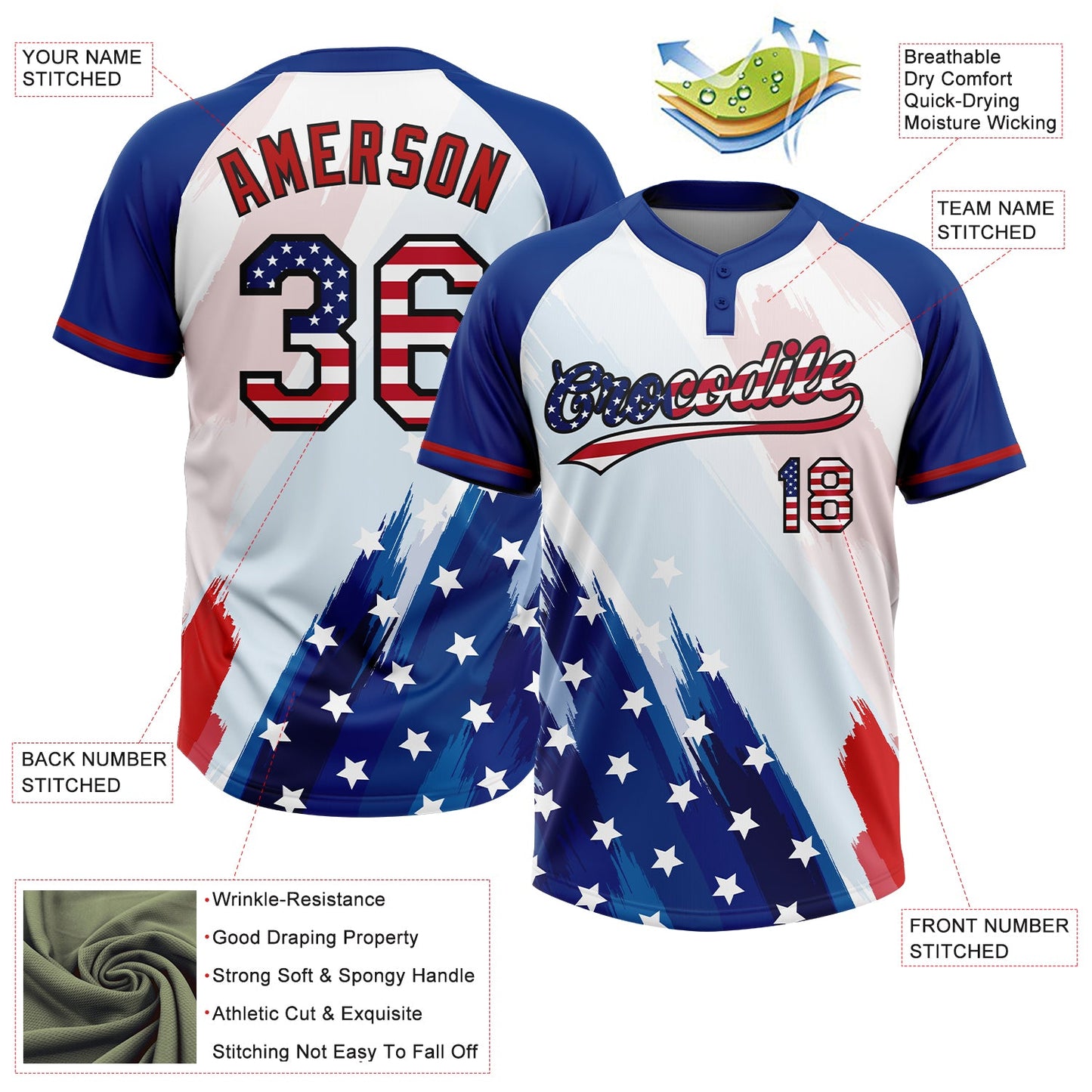 Custom White USA Flag Royal Red-Black American Flag Two-Button Unisex Softball Jersey