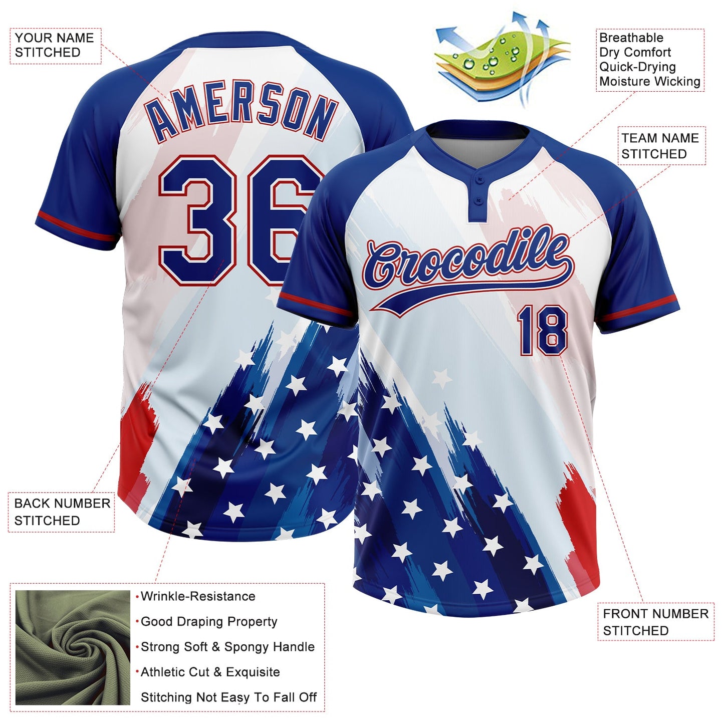 Custom White Royal-Red American Flag Two-Button Unisex Softball Jersey