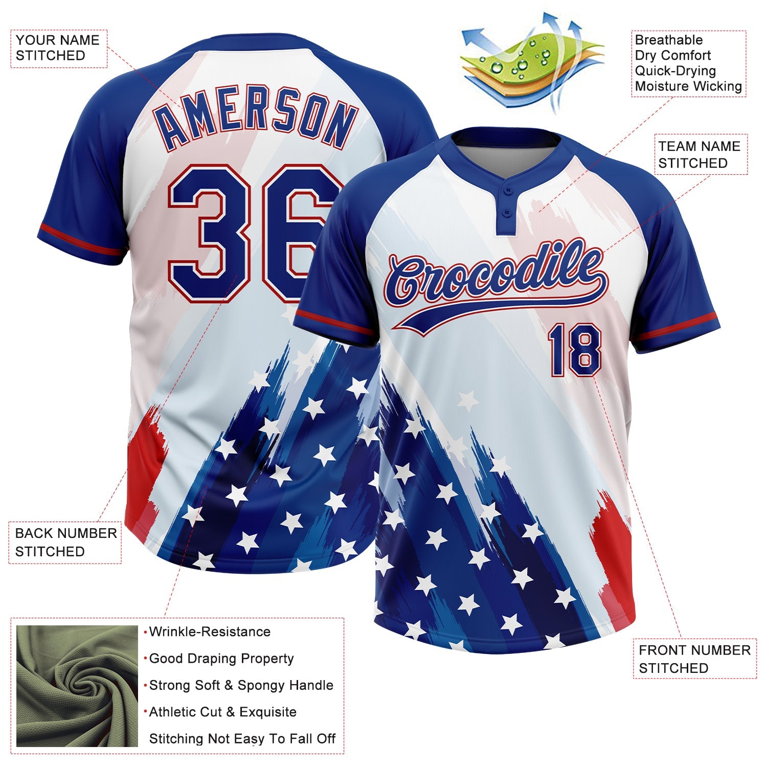 Custom White Royal-Red American Flag Two-Button Unisex Softball Jersey