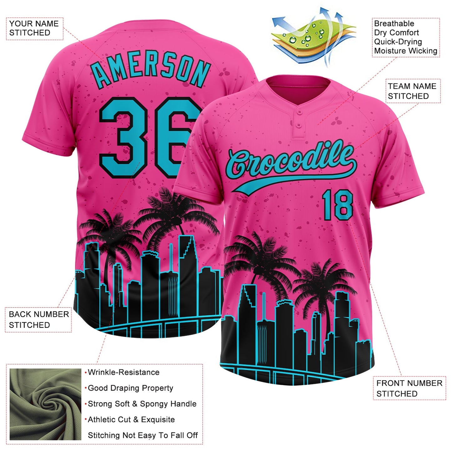 Custom Pink Lakes Blue-Black Miami Palm Trees City Edition Two-Button Unisex Softball Jersey