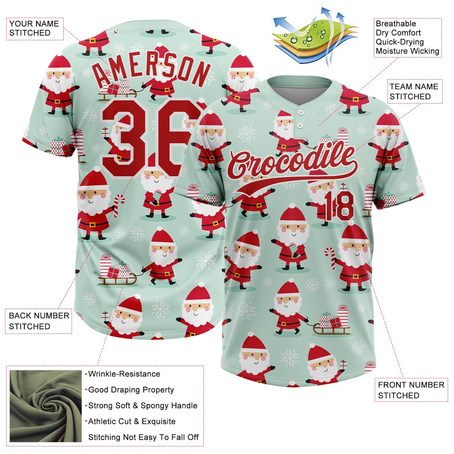 Custom Green Red-White Christmas Santa Claus 3D Pattern Design Two-Button Unisex Softball Jersey