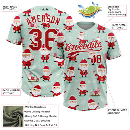 Custom Green Red-White Christmas Santa Claus 3D Pattern Design Two-Button Unisex Softball Jersey