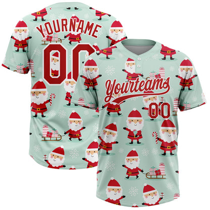 Custom Green Red-White Christmas Santa Claus 3D Pattern Design Two-Button Unisex Softball Jersey