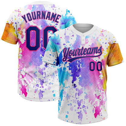 Custom White Royal-Pink Watercolor Spalsh Two-Button Unisex Softball Jersey