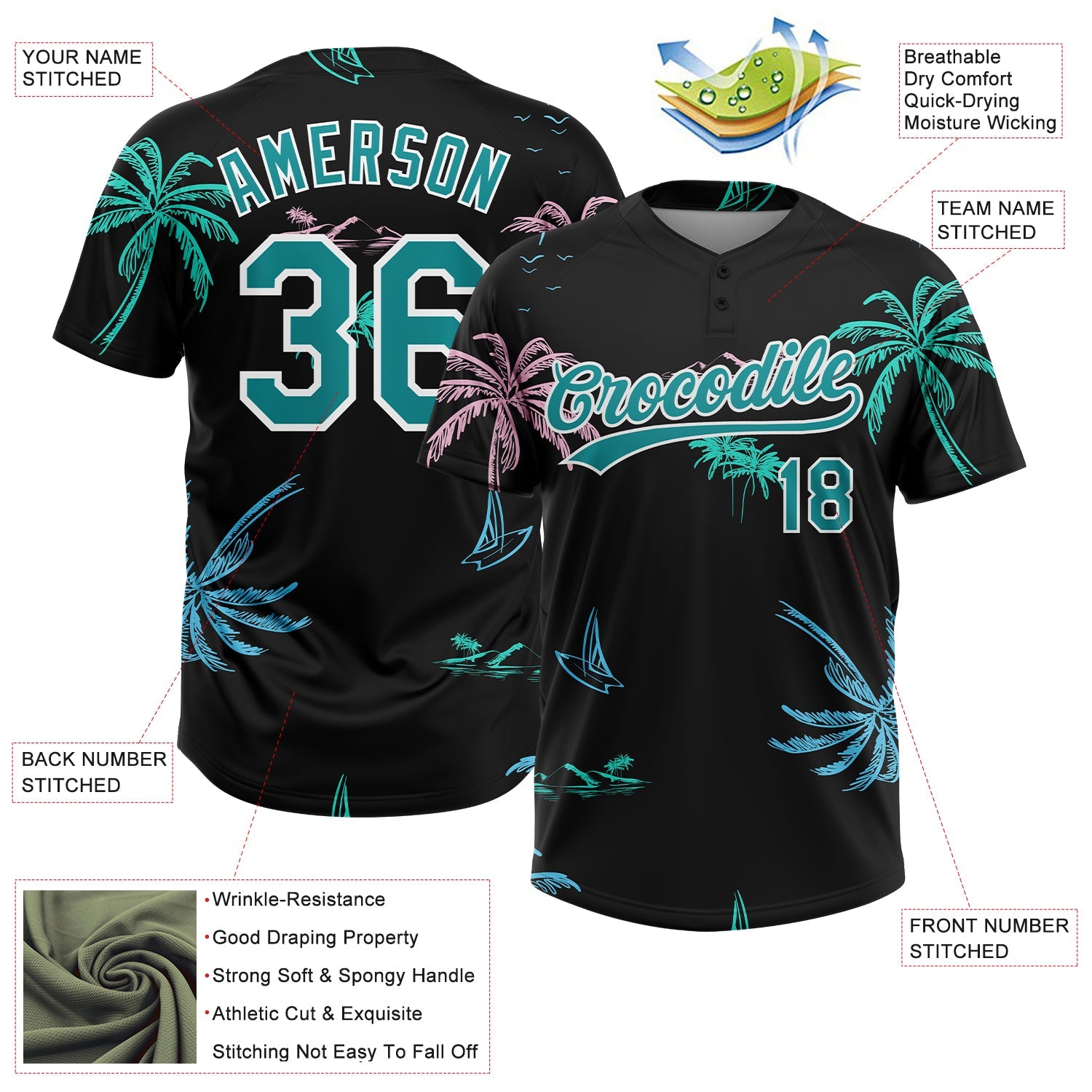 Custom Black Teal-White Hawaii Palm Trees Two-Button Unisex Softball Jersey