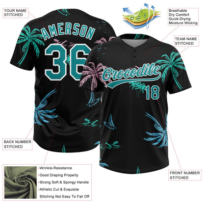 Custom Black Teal-White Hawaii Palm Trees Two-Button Unisex Softball Jersey