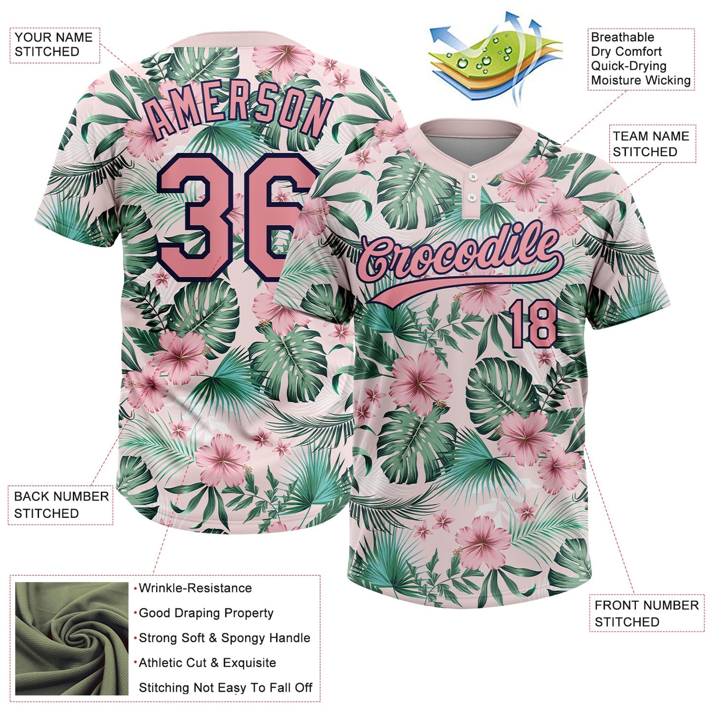 Custom White Medium Pink-Navy Hawaii Palm Leaves And Flowers Two-Button Unisex Softball Jersey
