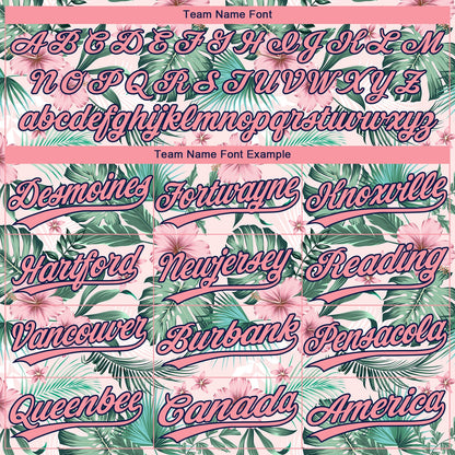 Custom White Medium Pink-Navy Hawaii Palm Leaves And Flowers Two-Button Unisex Softball Jersey