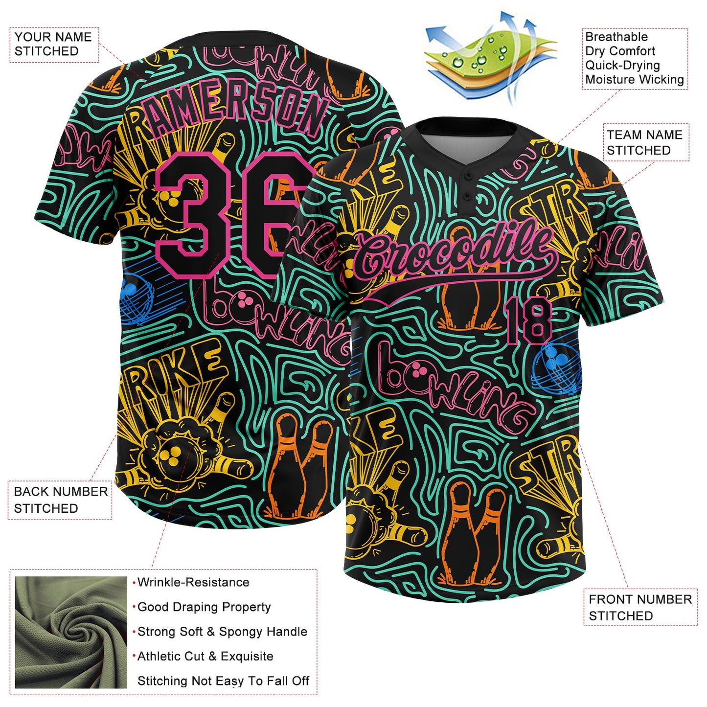 Custom Black Pink Bowling 3D Pattern Design Two-Button Unisex Softball Jersey