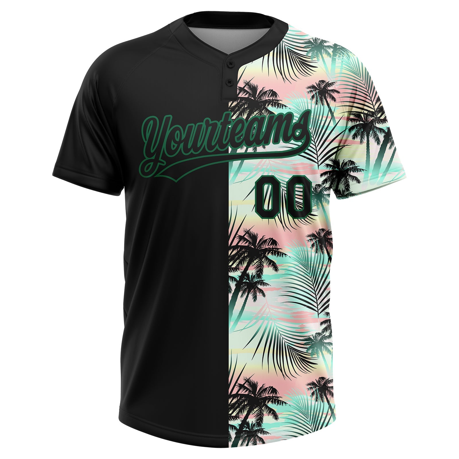 Custom Black Kelly Green Tropical Palm Leaves Two-Button Unisex Softball Jersey