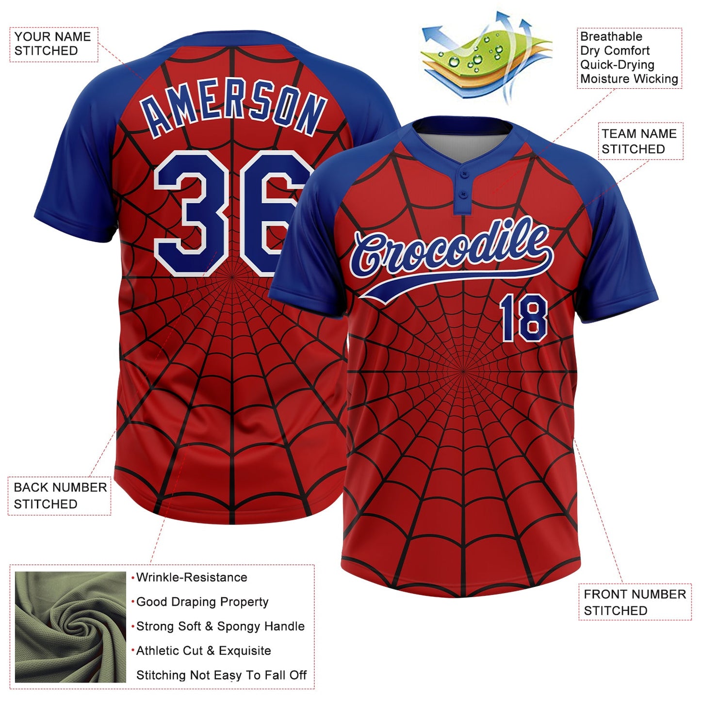 Custom Red Royal-White Spider Web 3D Pattern Design Two-Button Unisex Softball Jersey