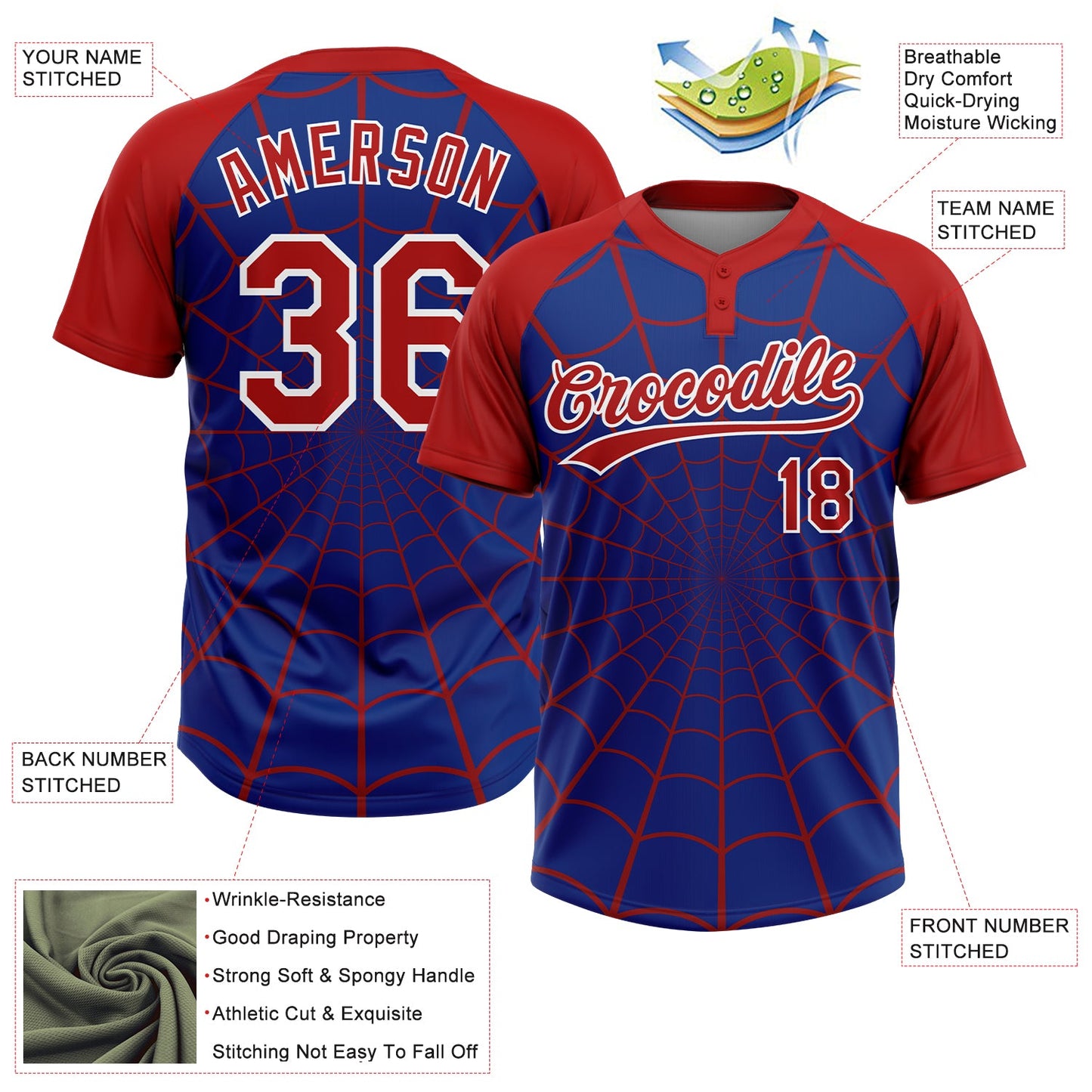Custom Royal Red-White Spider Web 3D Pattern Design Two-Button Unisex Softball Jersey