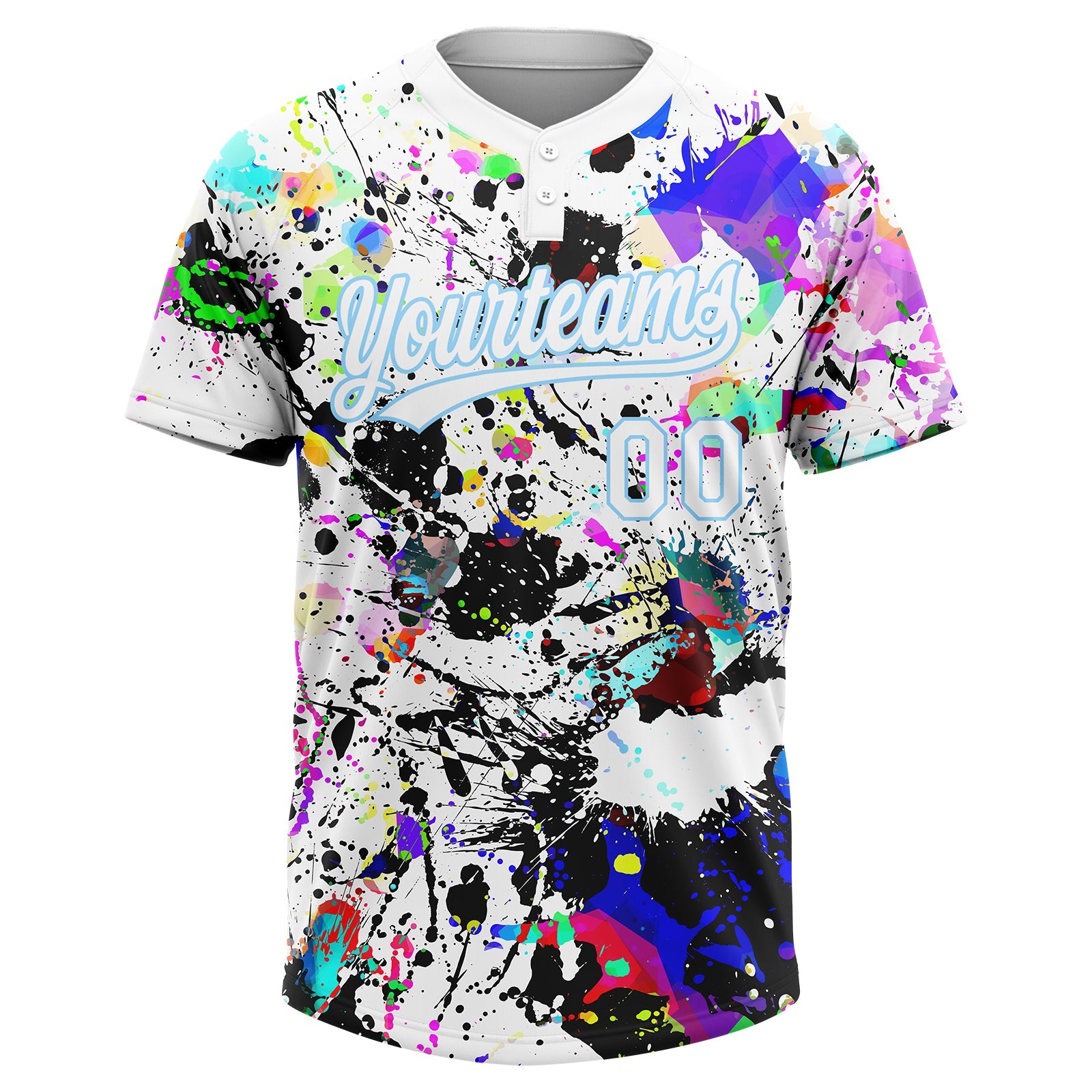 Custom Graffiti Pattern White-Light Blue Splash Two-Button Unisex Softball Jersey