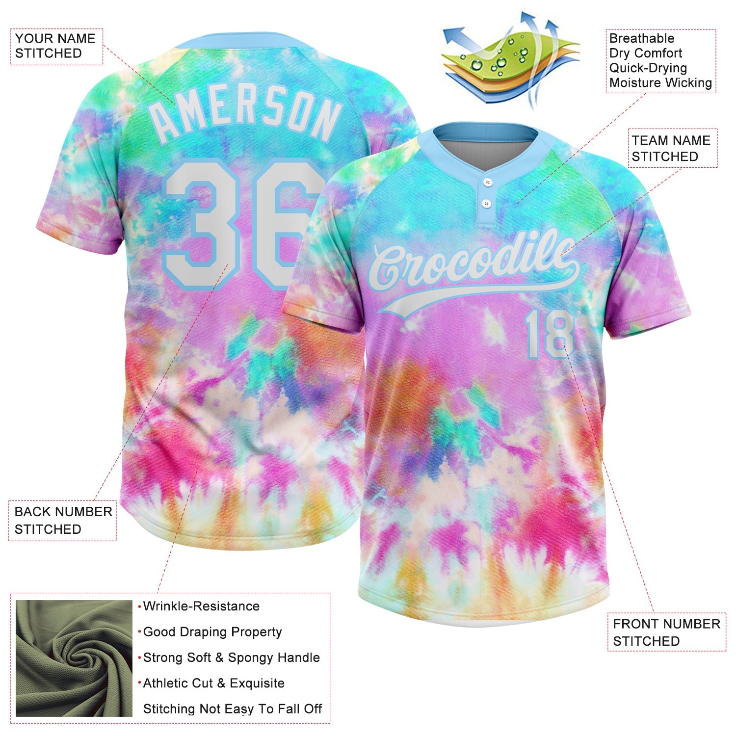 Custom Tie Dye White-Light Blue Rainbow Two-Button Unisex Softball Jersey