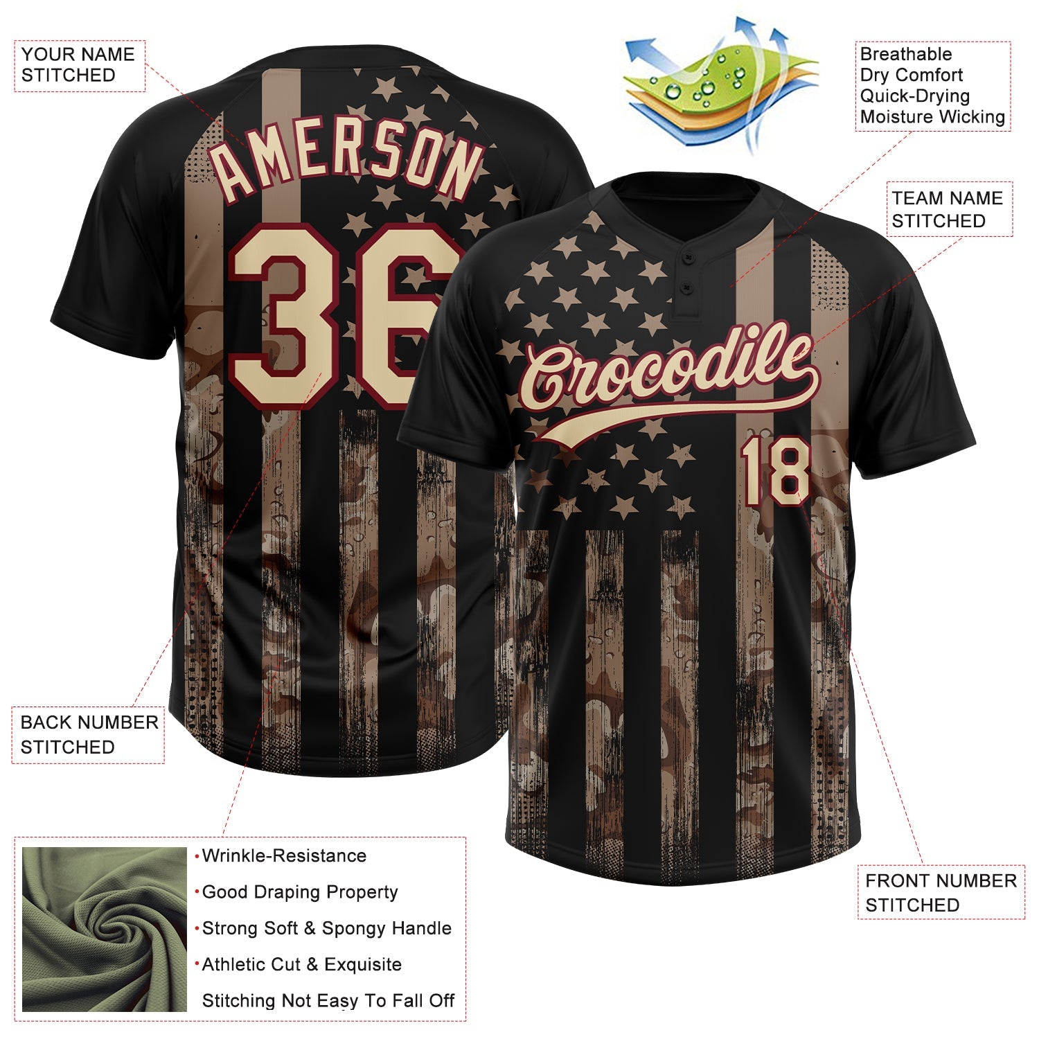 Custom Camo Cream Black-Crimson American Flag Salute To Service Two-Button Unisex Softball Jersey