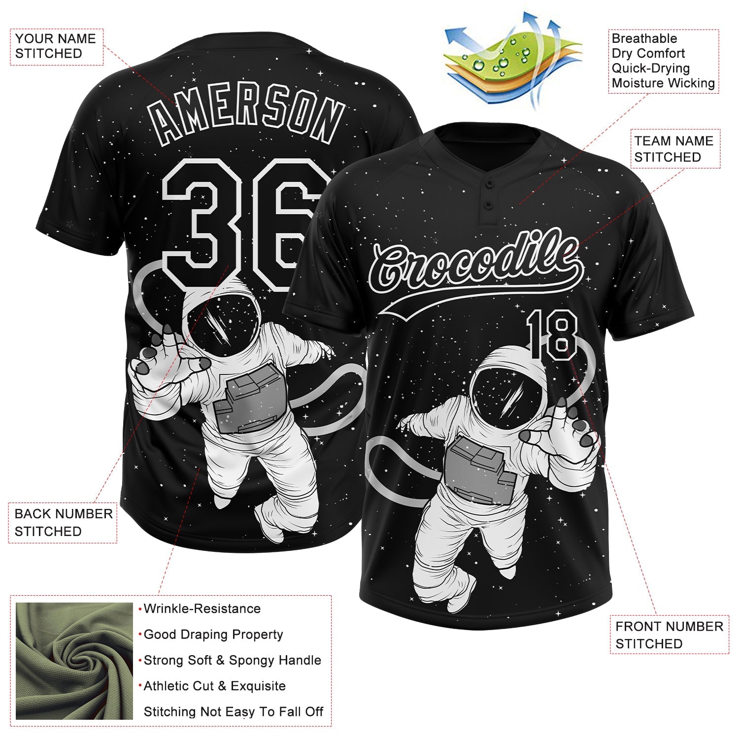 Custom Black White Astronaut 3D Pattern Design Two-Button Unisex Softball Jersey