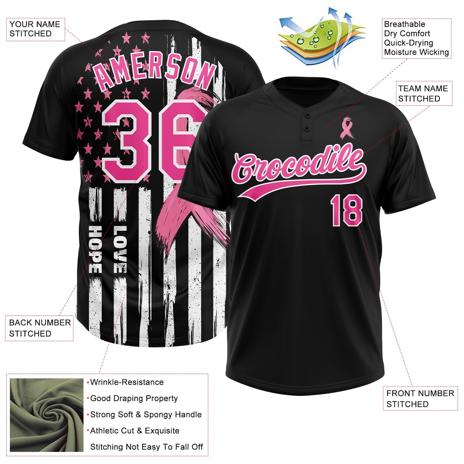 Custom Black Pink-White American Flag With Pink Ribbon Breast Cancer Awareness Month Women Health Care Support Two-Button Unisex Softball Jersey
