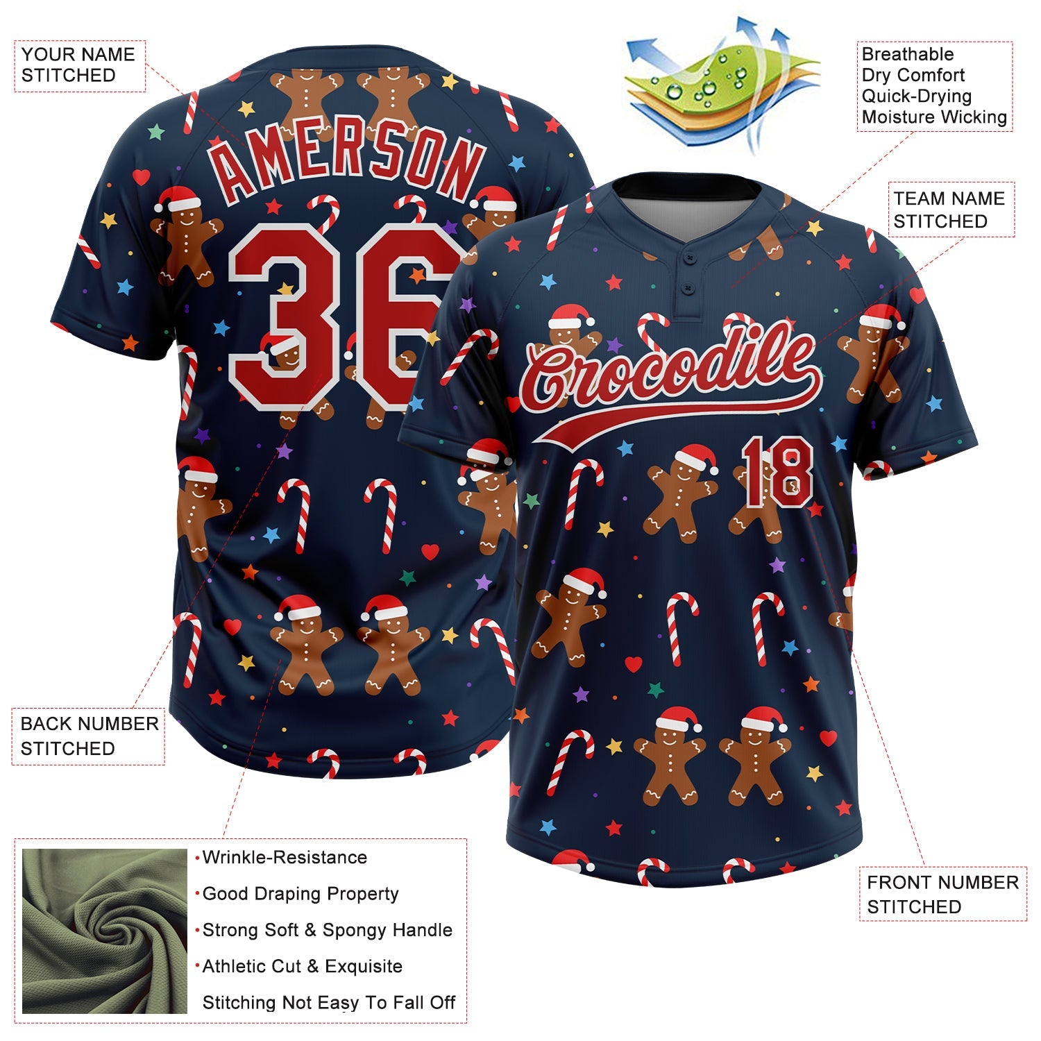 Custom Navy Red-White Christmas 3D Pattern Design Two-Button Unisex Softball Jersey