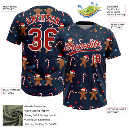 Custom Navy Red-White Christmas 3D Pattern Design Two-Button Unisex Softball Jersey