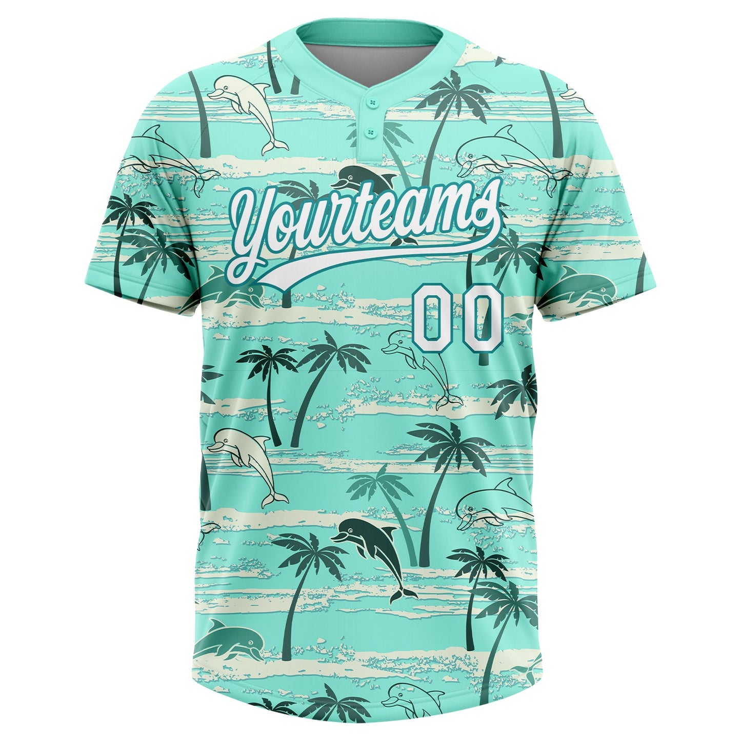 Custom Teal White Hawaii Palm Trees And Dolphin Two-Button Unisex Softball Jersey