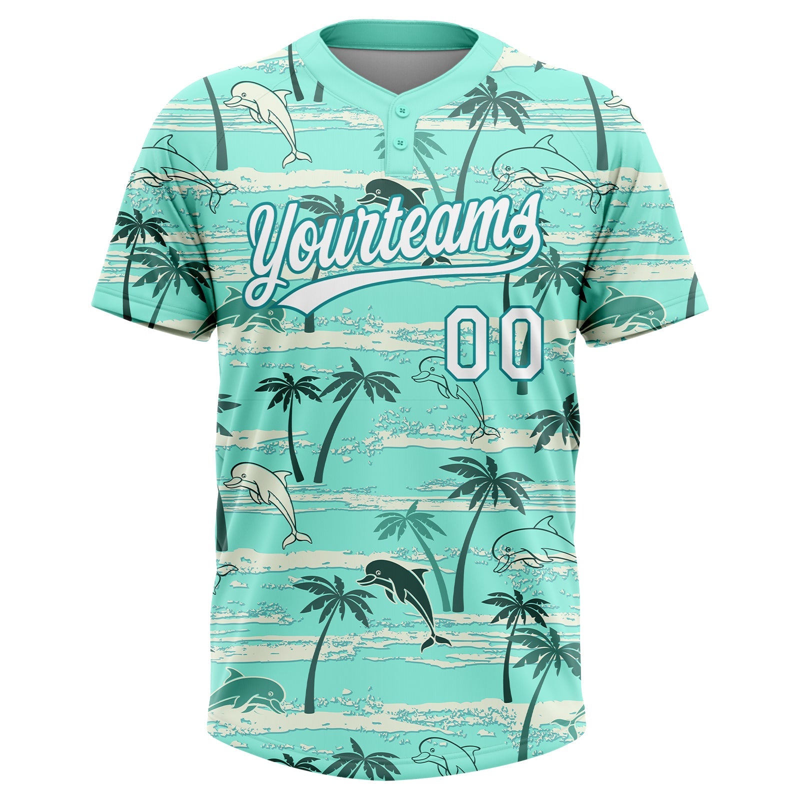 Custom Teal White Hawaii Palm Trees And Dolphin Two-Button Unisex Softball Jersey
