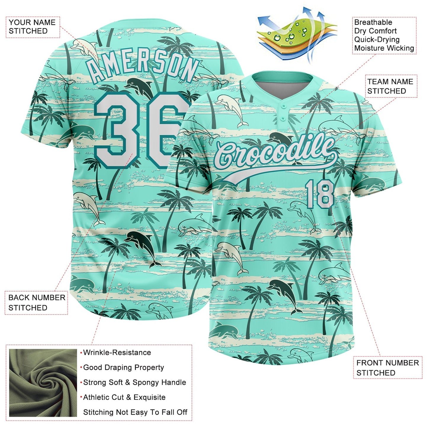 Custom Teal White Hawaii Palm Trees And Dolphin Two-Button Unisex Softball Jersey