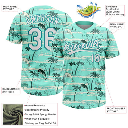 Custom Teal White Hawaii Palm Trees And Dolphin Two-Button Unisex Softball Jersey