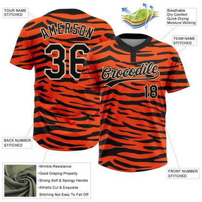 Custom Orange Black-Cream Tiger Print 3D Pattern Design Two-Button Unisex Softball Jersey