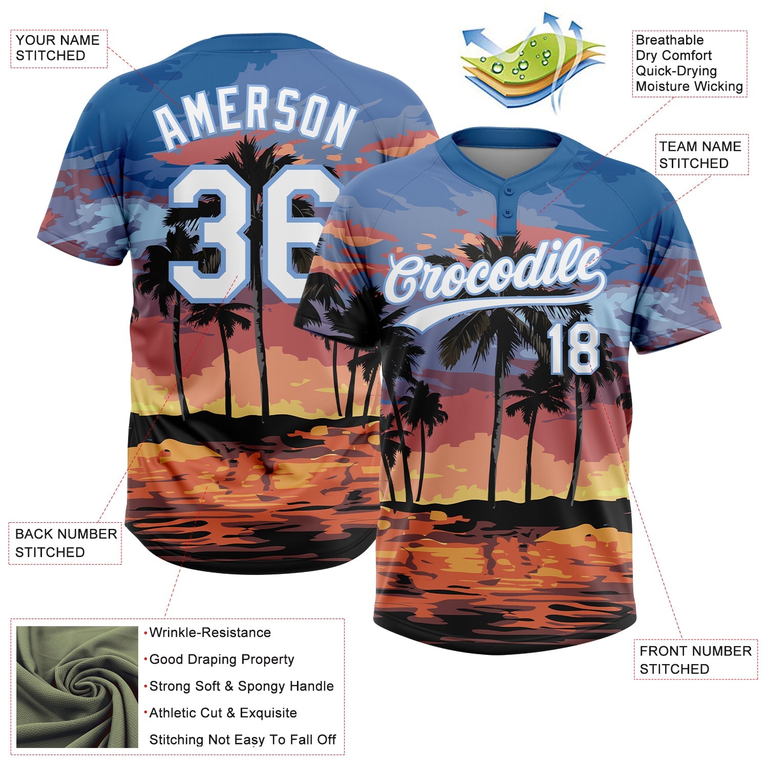 Custom Light Blue White Hawaii Palm Trees Two-Button Unisex Softball Jersey