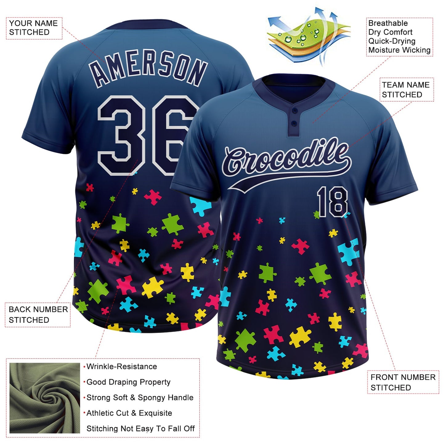 Custom Navy White Puzzle 3D Pattern Design Two-Button Unisex Softball Jersey