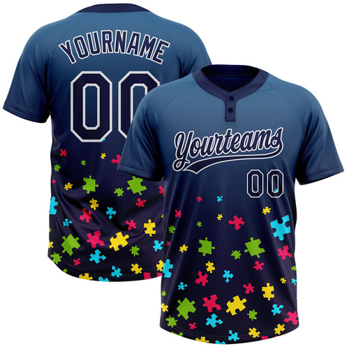 Custom Navy White Puzzle 3D Pattern Design Two-Button Unisex Softball Jersey