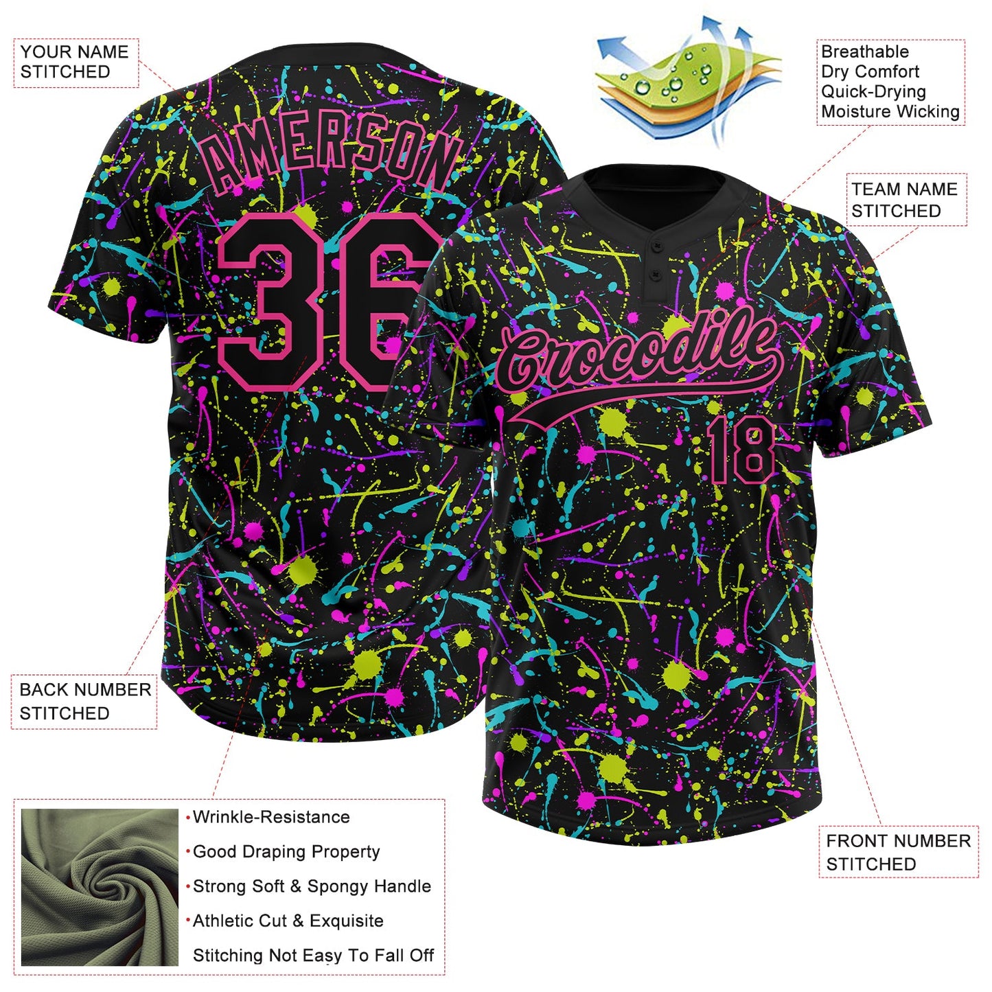 Custom Graffiti Pattern Black-Pink Vibrant Multi-Color Abstract Splatter Two-Button Unisex Softball Jersey