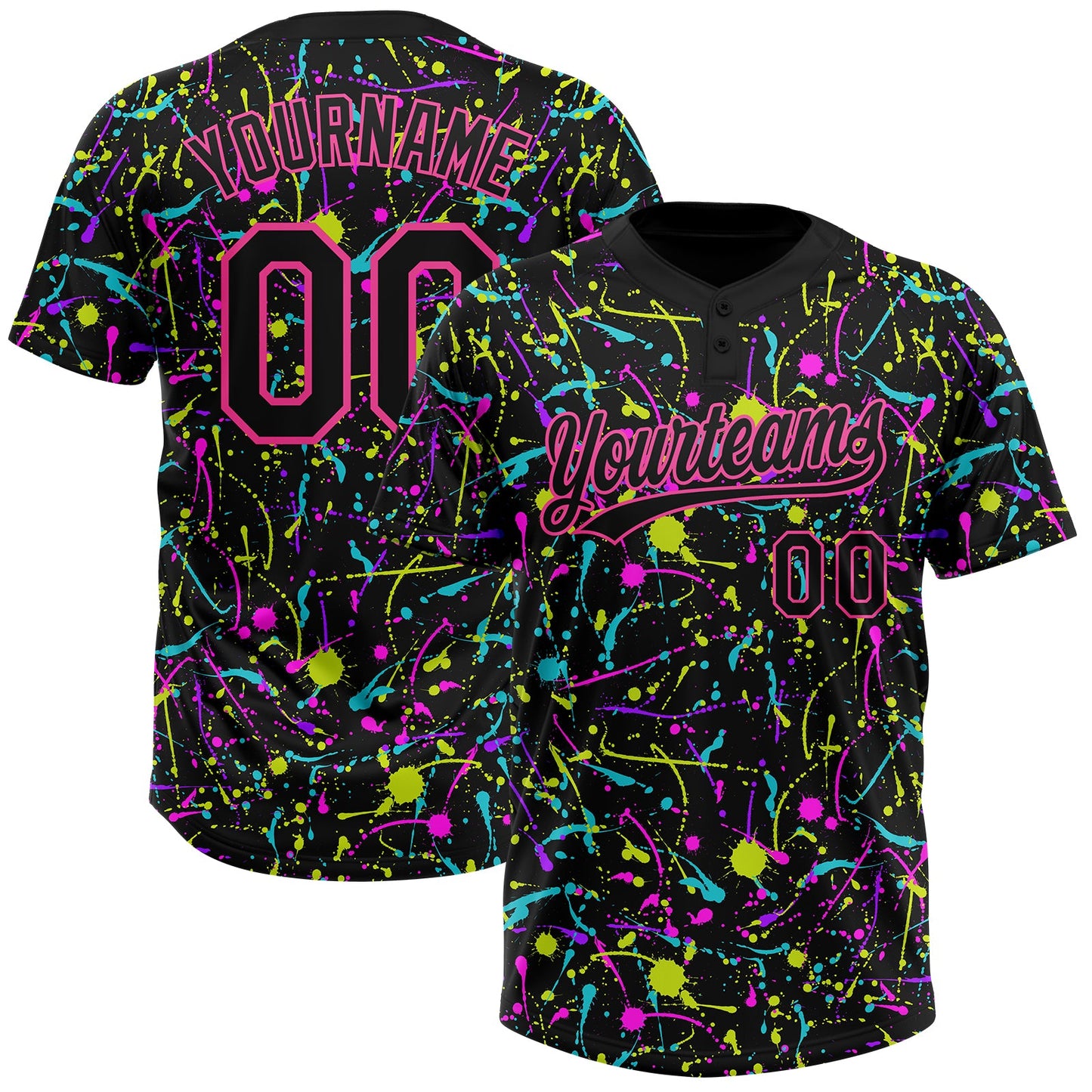 Custom Graffiti Pattern Black-Pink Vibrant Multi-Color Abstract Splatter Two-Button Unisex Softball Jersey