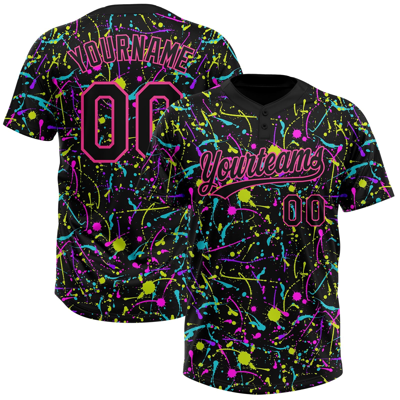 Custom Graffiti Pattern Black-Pink Vibrant Multi-Color Abstract Splatter Two-Button Unisex Softball Jersey