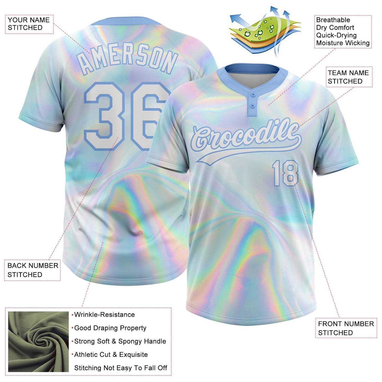 Custom White Light Blue Abstract Trendy Holographic Vaporwave Style 3D Pattern Design Two-Button Unisex Softball Jersey