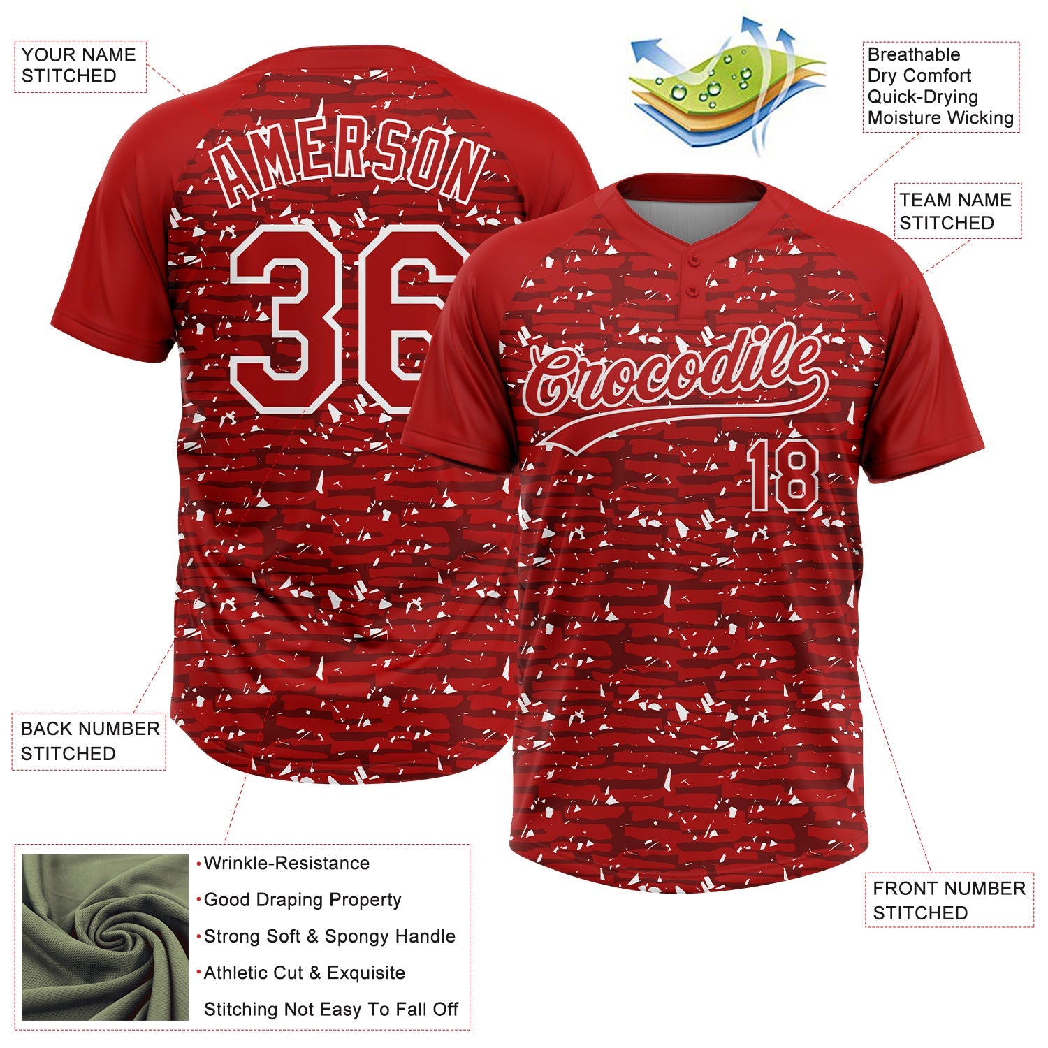 Custom Red-White Raglan Sleeves Distressed Fragment Brush Stroke Two-Button Unisex Softball Jersey