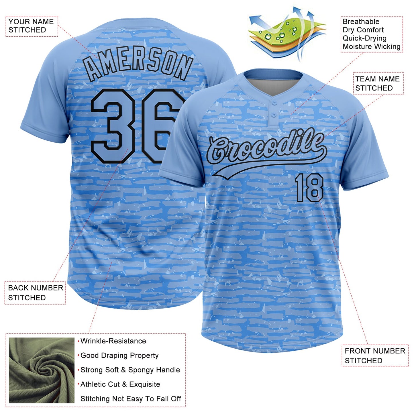 Custom Light Blue-Black Raglan Sleeves Distressed Fragment Brush Stroke Two-Button Unisex Softball Jersey