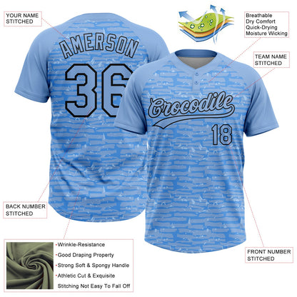 Custom Light Blue-Black Raglan Sleeves Distressed Fragment Brush Stroke Two-Button Unisex Softball Jersey