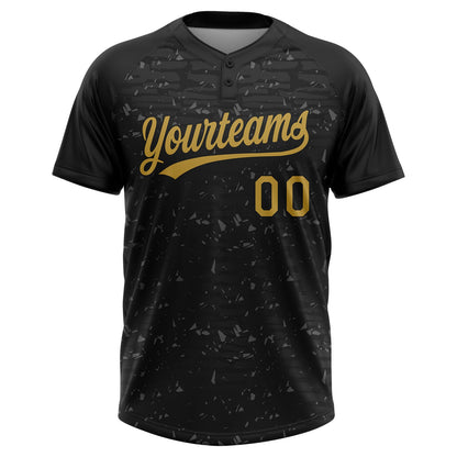 Custom Black-Old Gold Raglan Sleeves Distressed Fragment Brush Stroke Two-Button Unisex Softball Jersey