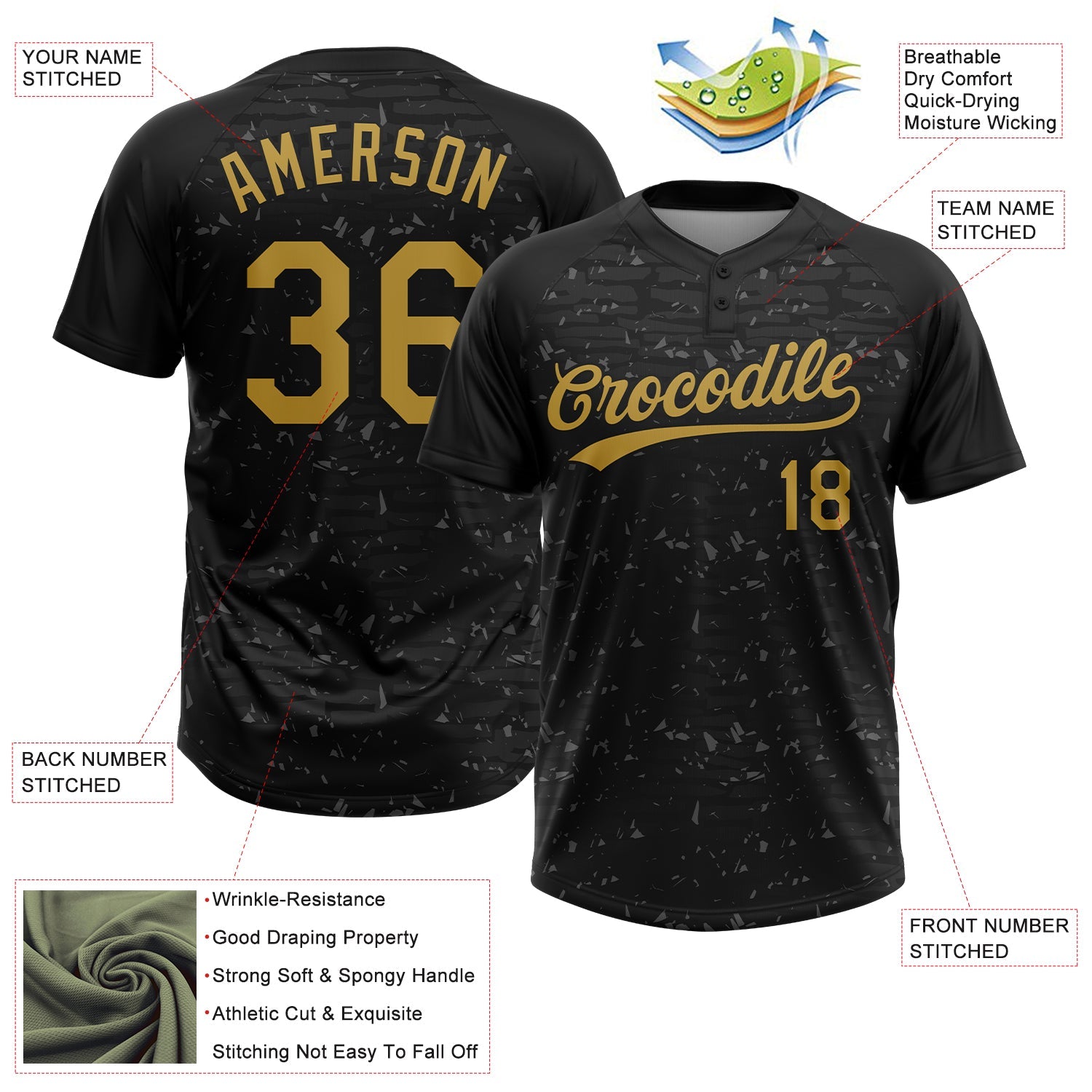 Custom Black-Old Gold Raglan Sleeves Distressed Fragment Brush Stroke Two-Button Unisex Softball Jersey