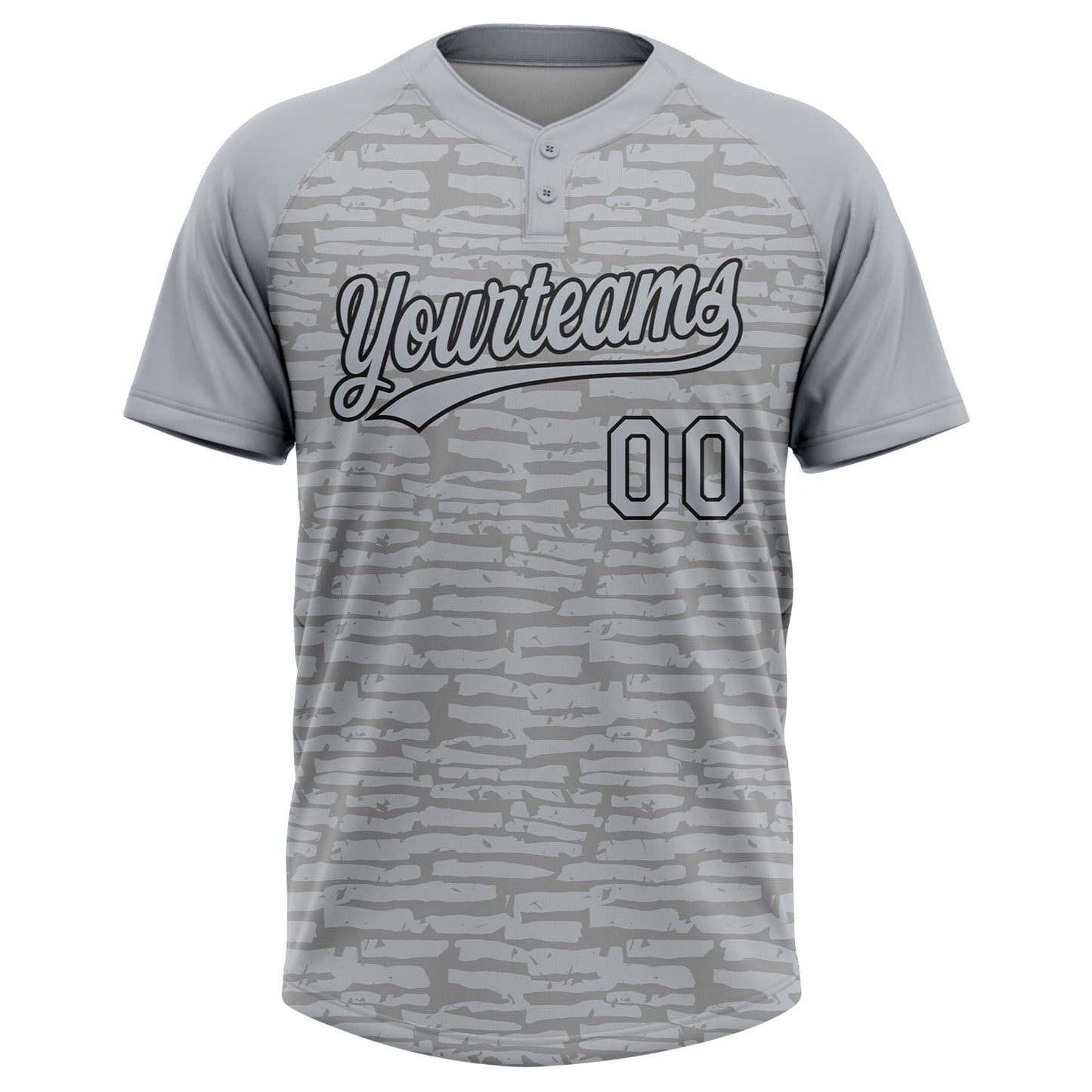 Custom Gray-Black Raglan Sleeves Distressed Fragment Brush Stroke Two-Button Unisex Softball Jersey