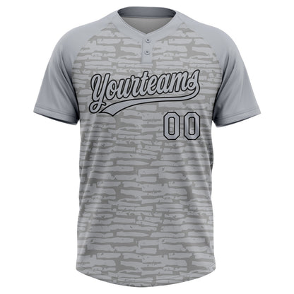 Custom Gray-Black Raglan Sleeves Distressed Fragment Brush Stroke Two-Button Unisex Softball Jersey