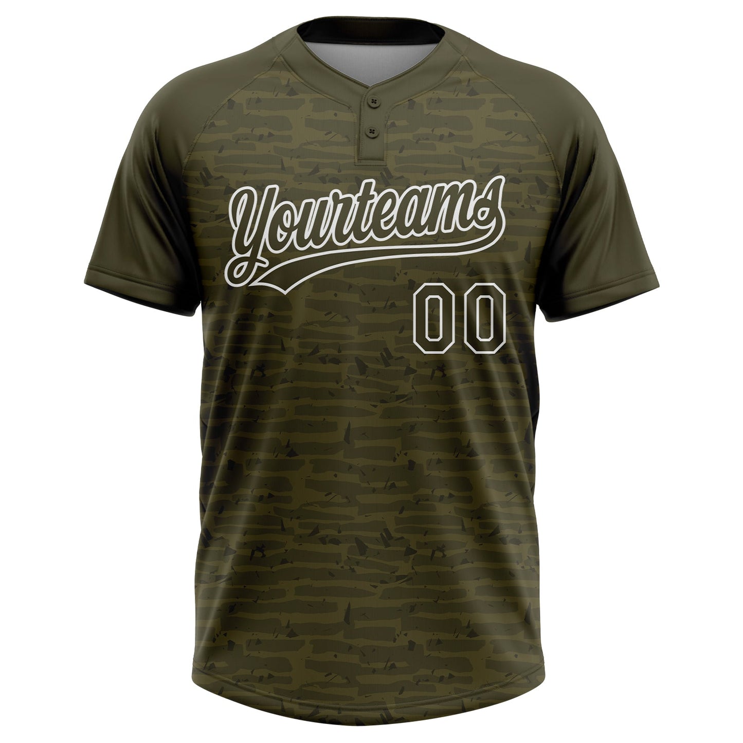 Custom Olive-White Raglan Sleeves Distressed Fragment Brush Stroke Two-Button Unisex Softball Jersey