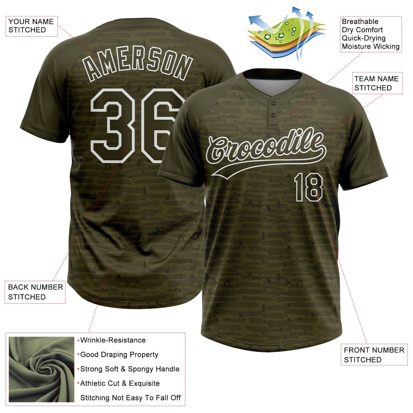 Custom Olive-White Raglan Sleeves Distressed Fragment Brush Stroke Two-Button Unisex Softball Jersey