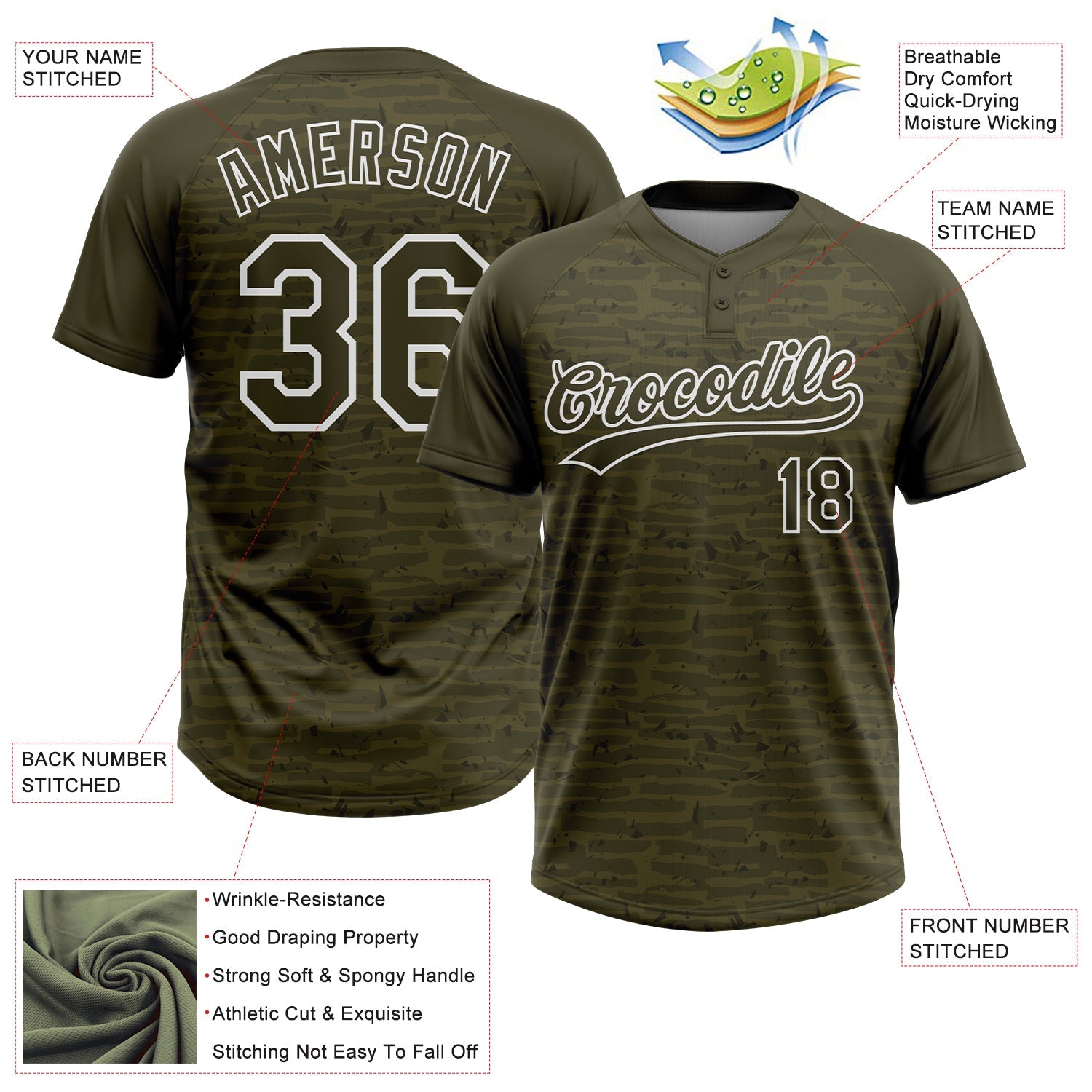 Custom Olive-White Raglan Sleeves Distressed Fragment Brush Stroke Two-Button Unisex Softball Jersey